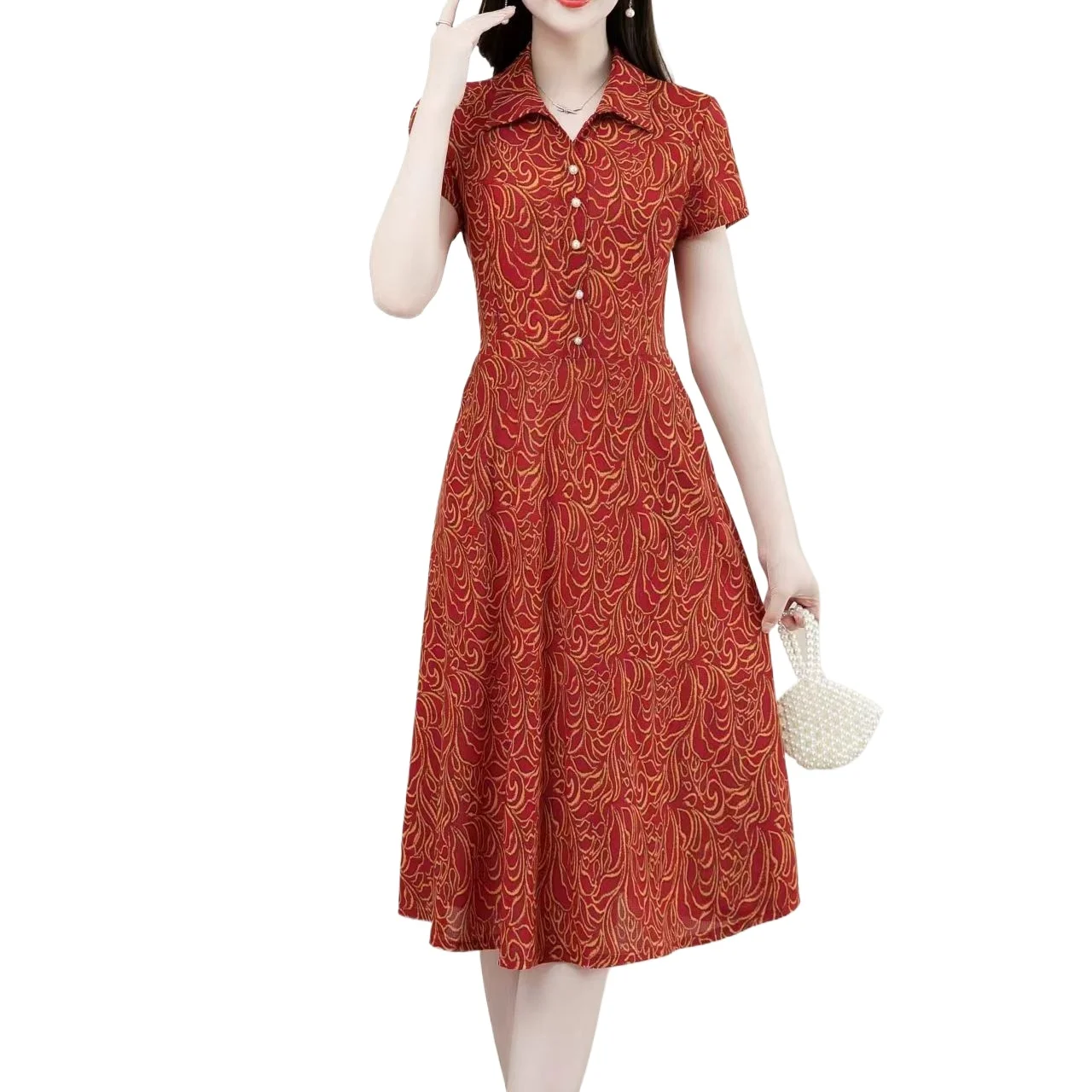 

Fashion Simple Casual Summer Pocket Dresses For Women Lapel Floral Printe Elegant Party Midi Dress Slim Female Clothing