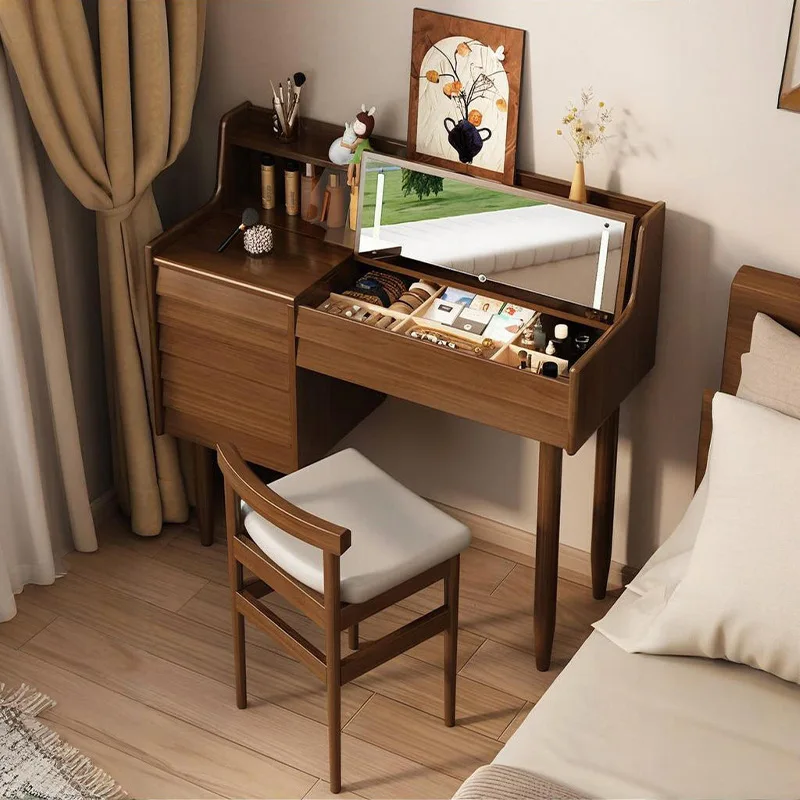 Household solid wood dresser Small apartment bedroom with mirror flip dressing table storage