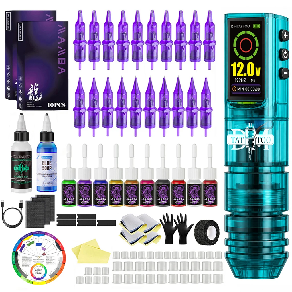 Wireless Tattoo Machine Kit 3Colors Three Working Modes With 1600mAh Battery Transparent PC Tattoo Pen With Transfer Stencil Gel
