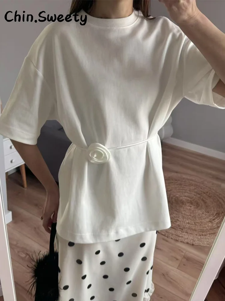 Casual 3D Flower Lace Up Shirt Women Loose Solid O-neck Half Sleeve Blouses Female 2025 Spring Summer High Street Top Ladies New image 6