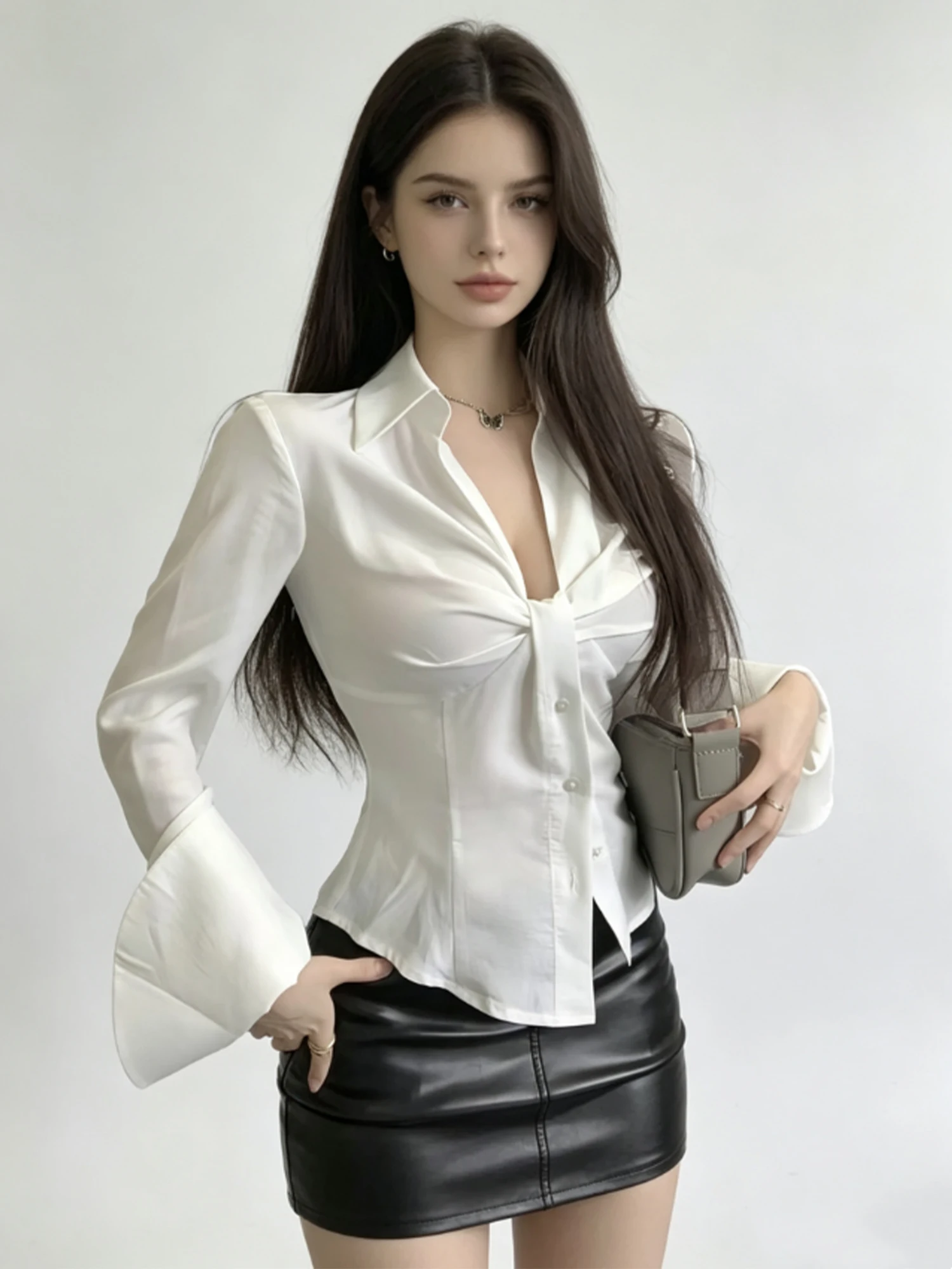 Women White Long Sleeve Blouses and Shirts Korean Style Y2k Gyaru V-Neck Shirt Vintage Elegant Oversize Blouse for Women Summer