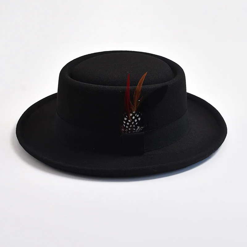 NEW Vintage Pork Pie Hat Mens Rolled Brim Felt Fedora Hat with Feather Gentleman Trilby Jazz Hats