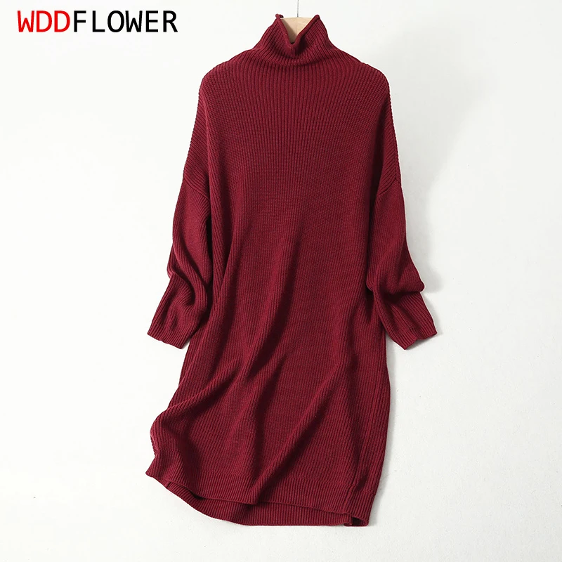 Women\'s 85% Silk 15% Cashmere Thick Warm Mock Neck Long Loose Type Pullover Top Sweater Dress LY003