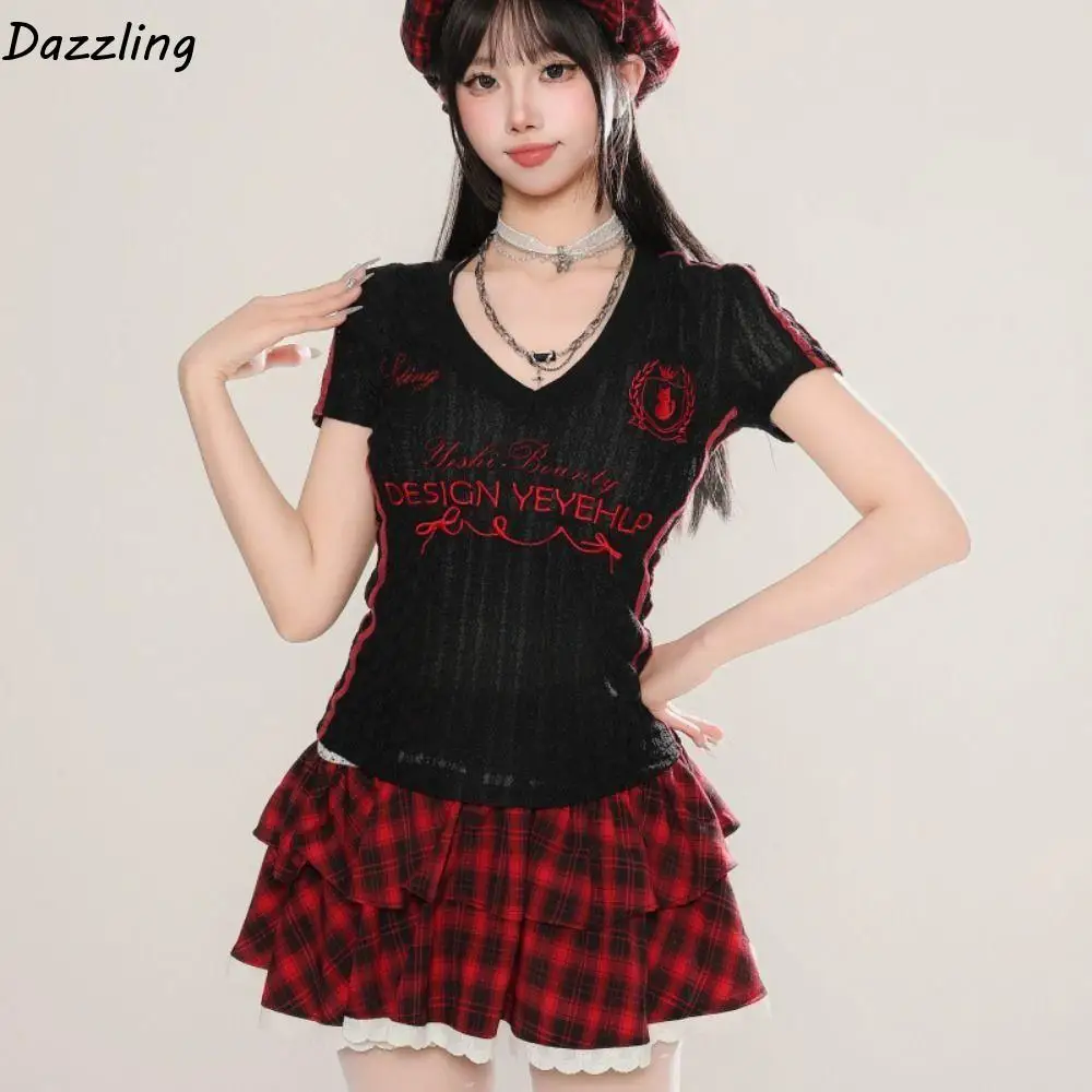 

Micro Transparent V-neck T-shirt Short Sleeved Slim Fit Lace Embroidery Top Lace Embroidery Letter Graphic Y2k Aesthetic Top
