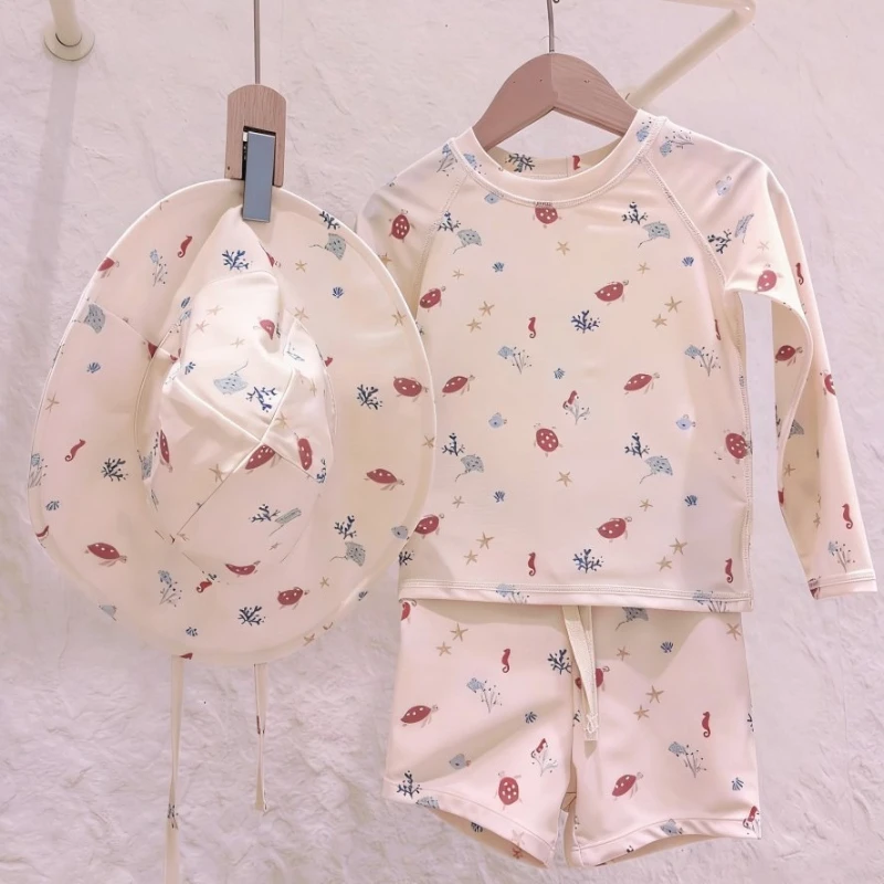 2026 Summer New Children's Long Sleeve Cute Pattern Quick Drying Fabric Vacation Style Swimsuit
