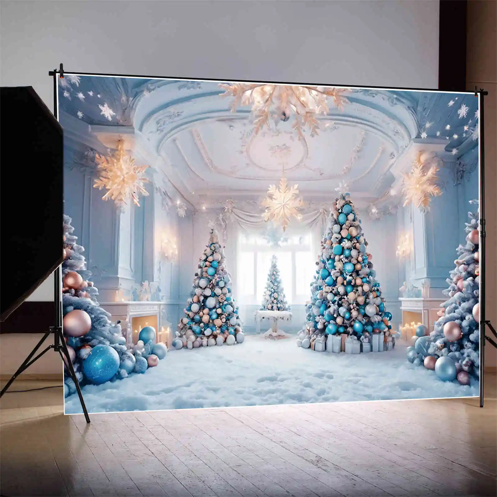 MOON.QG Lighting Christmas Trees Backdrops White Blue Girls Home Room Snowflake Ball Background Party Decoration Photozone Props