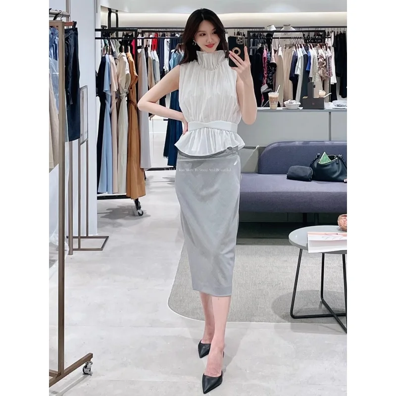 

Ele Women's irt with Ruffle Collar Slit Hem Midi Skirt Set Summer Faion Outfit ort Sve Zipper Closure Adult Size