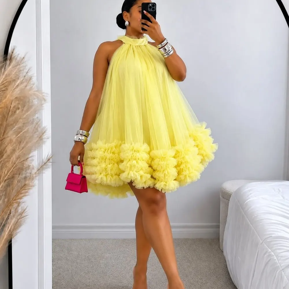 ellow Tulle Puffy Mermaid Ballerina Mini Dress Halter Neck Sleeveless Party Cocktail Prom Homecoming Dress High Waist Frilly
