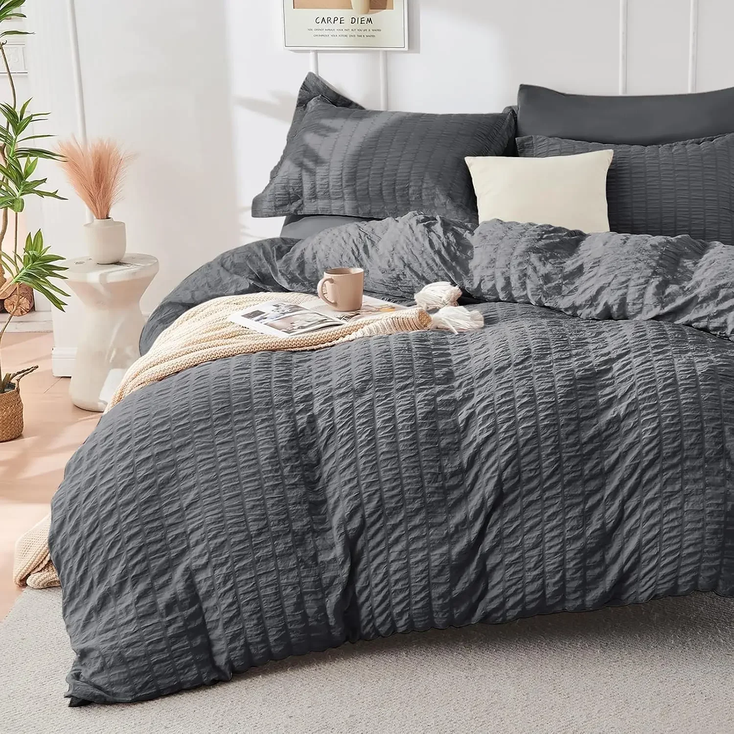 Queen Comforter Set Seersucker 7 Pieces, All Season Luxury Bed in a Bag for Bedroom, Bedding Set with Comforters, Sheets, Pillowcases & Shams, Dark Grey - view 2