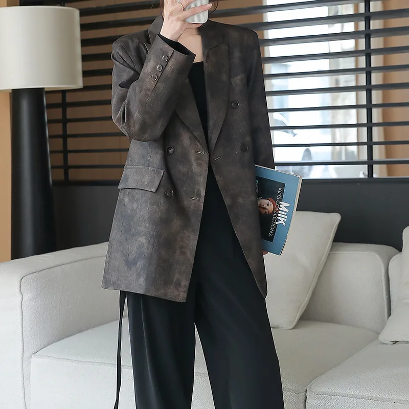 

SuperAen 2025 Spring New Oversize Women's Coffee Casual Suit Korean Style Vintage Print Design Mid-length Loose Blazer