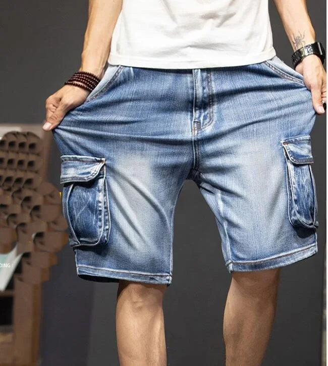 Men Jeans Multi Pocket Summer Loose Male Distressed Wide Leg Knee Length Shorts Washed Fashion Denim Shorts