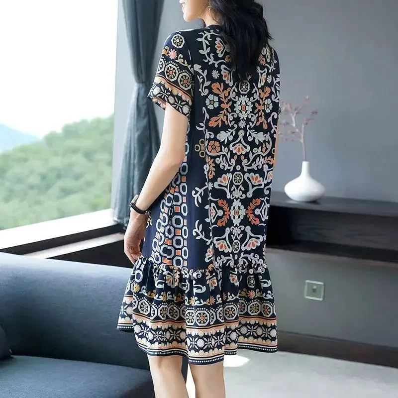 Summer New Korean Elegant Fashion Print Dress Womenshort Sleeve Floral Mid-length A-line Vestidos De Fiesta Aesthetic Robe Femme