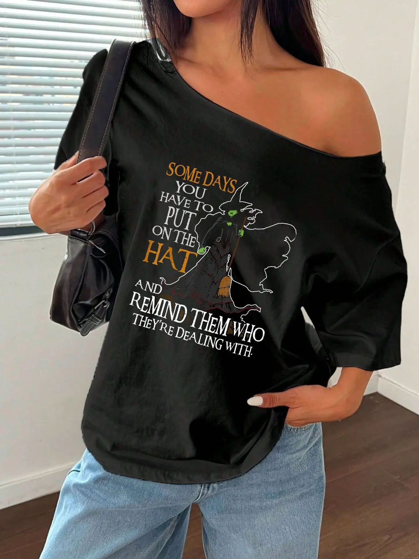 100% Cotton Plus Size Halloween Witch Graphic Print Shoulder Loose Print T-Shirt Oversized Y2K Style Graphic Tees Women Tops view 2