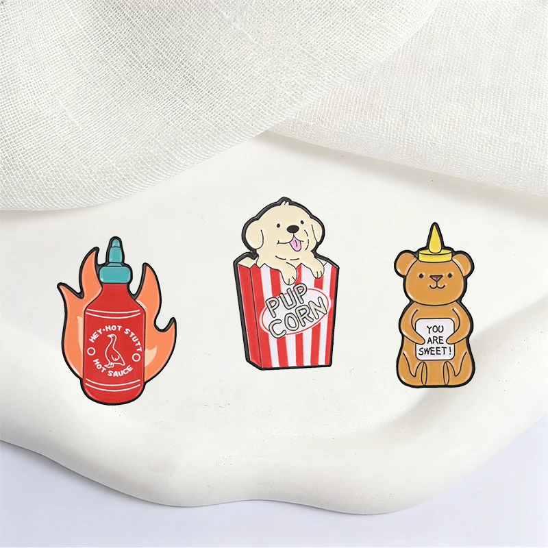 Pins Esmaltados de Palomitas de Maíz con Salsa de Pollo Picante de Dibujos Animados Lindos, ¡Eres Dulce! Broches Metálicos de Moda, Insignias para Solapa, Joyería para Ropa y Mochilas