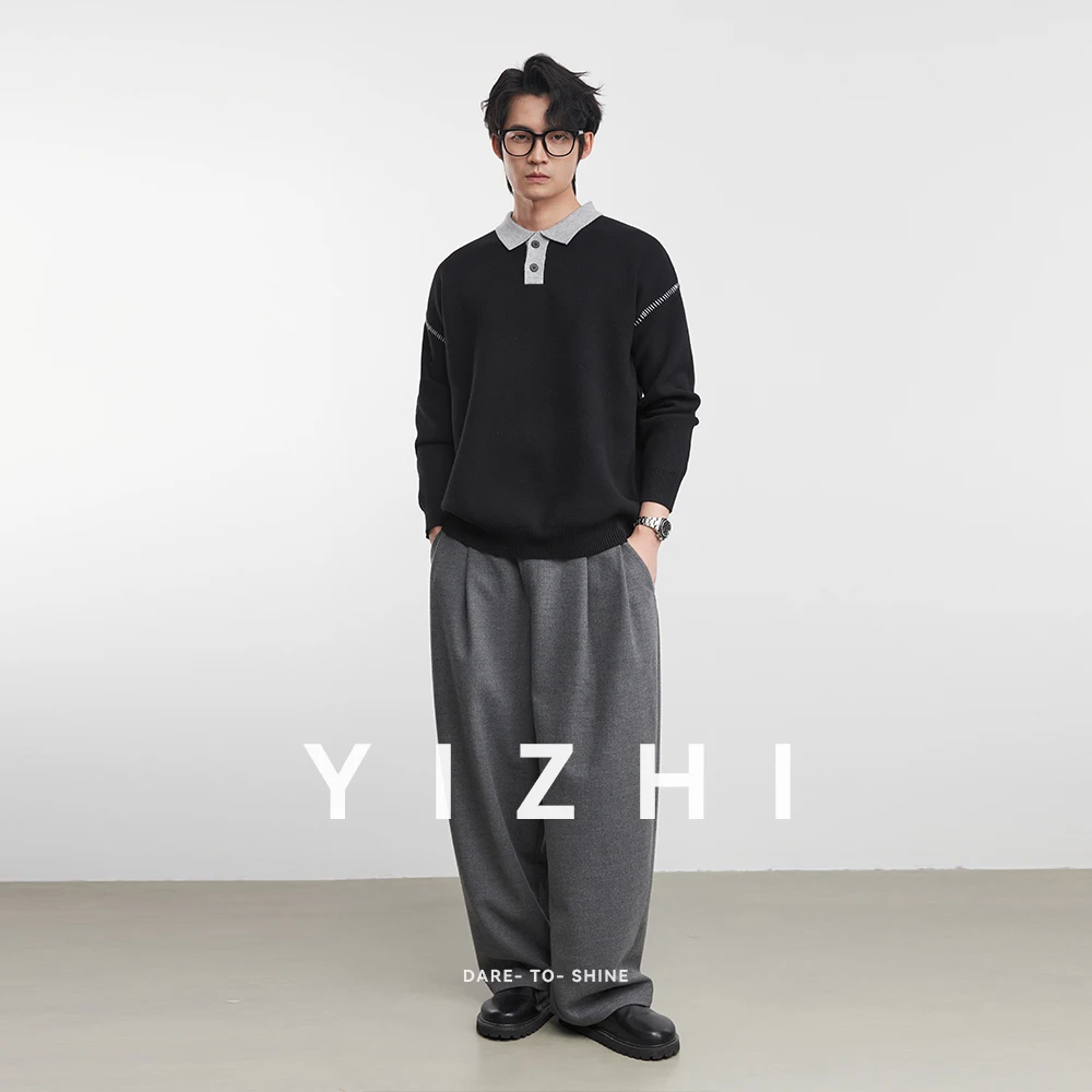 Men Heavyweight Color-Blocked Polo Collar Knit Sweater 2025 Winter New Loose Fit Casual Patchwork Textured Pullover Top