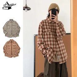 Spring Casual Shirts Men Women Retro Lapel Loose Long-sleeved Coat Harajuku Lattice Stripe Cargo Cardigan Street Oversize Tops