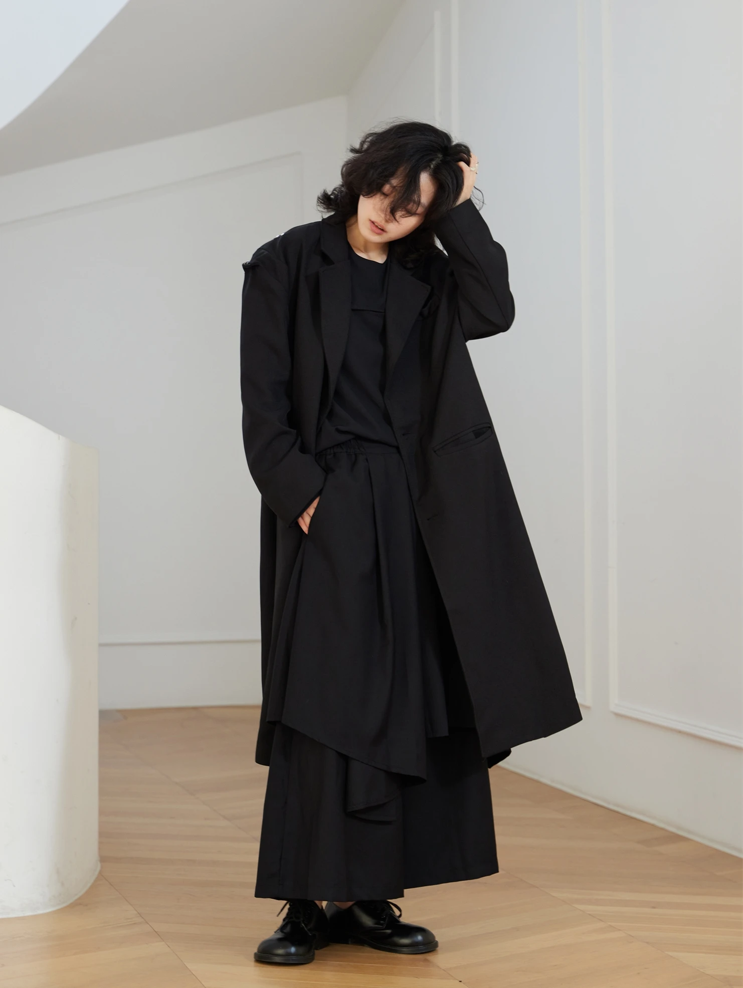 

Sunyvonne22FW Dark New Chinese Style Long Wide Shoulder Double Breasted Suit Jacket Two-Way Wear Commuter Style Pure Color