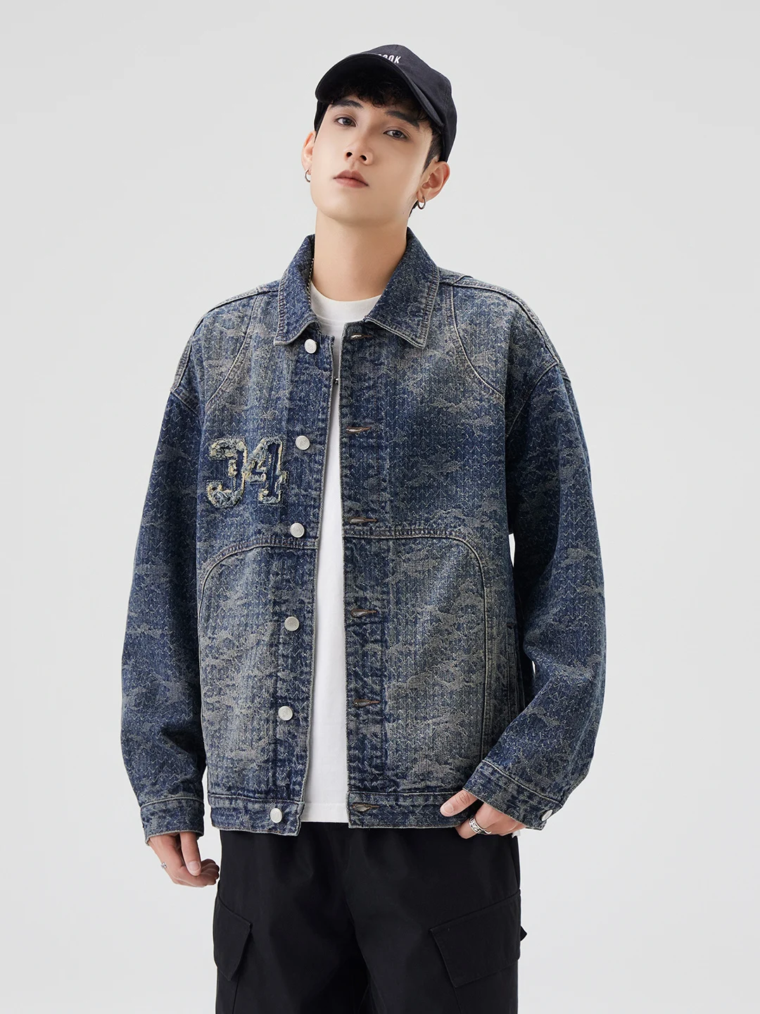 

High-End American Retro Embroidered Workwear Denim Jacket Men's Spring Autumn Loose Casual Versatile Motorcycle Jacket Trendy
