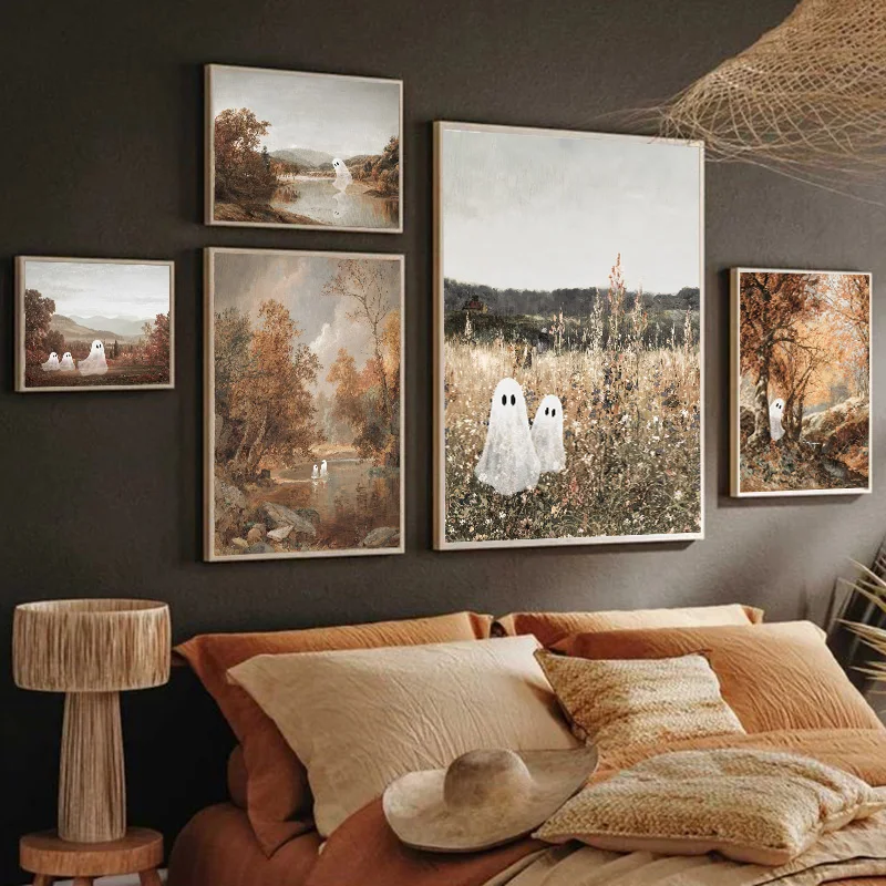 Vintage Autumn Farmhouse Scenery Prints Posters Halloween Cute Ghost Wall Art Canvas Painting for Living Room Holiday Home Decor