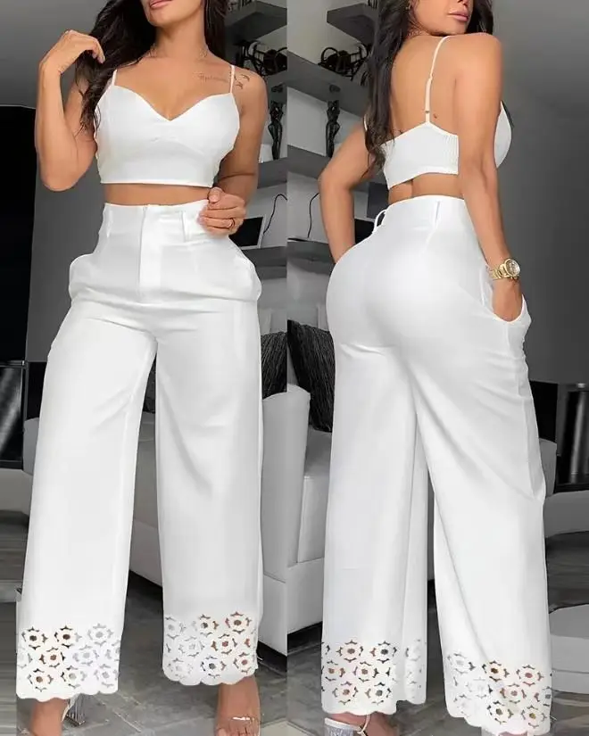 Conjunto de calças de cintura alta com pernas largas ocas femininas, top com cami com decote em v, roupas casuais brancas, fashion, 2 peças, 2024