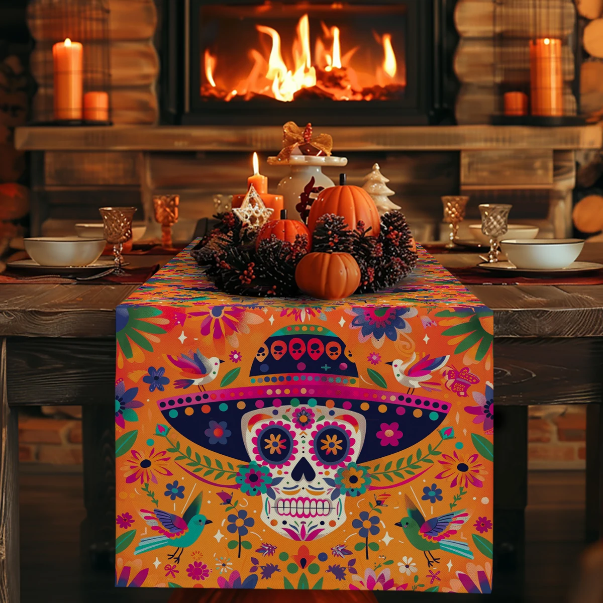 Mexican May 5 Day of The Dead Skeleton Table Runners Washable Dresser Dining Coffee Table Runner Wedding Holiday Party Decor