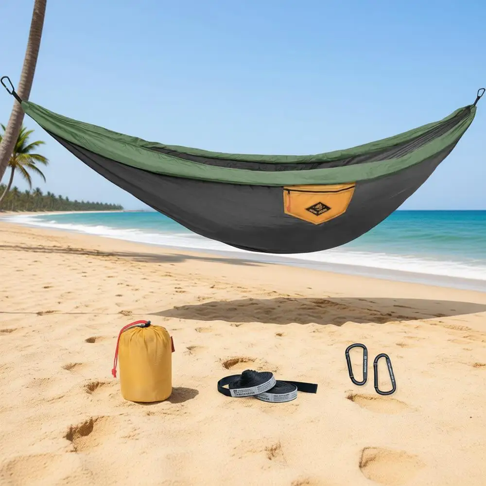 

Одноместный гамак цвета мох с ремнями в комплекте для кемпинга на открытом воздухе