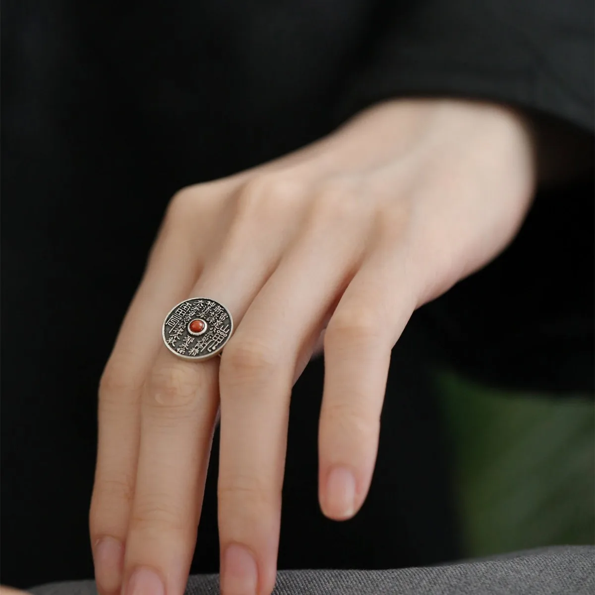 

VENTFILLE 925 Silver Geometry Red Agate Ring for Women Letter Punk Retro Ethnic Design Adjustable Jewelry Gift Dropshipping