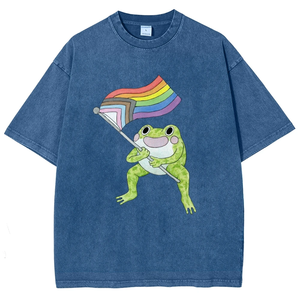 

Unisex Fit Oversized T-Shirts Graphic Tees Raise The Colorful Flag Frog Pattern Short Sleeved Tops for Women Men Casual Female