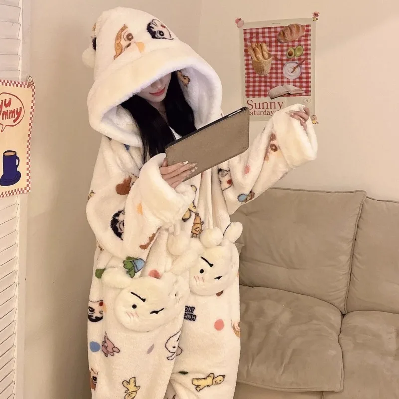 

Kawaii Crayon Shin-chan Onesie Pajamas Anime Girl Winter Cartoon Pajamas Student Cute Sweet Hooded Home Clothes with Shoes