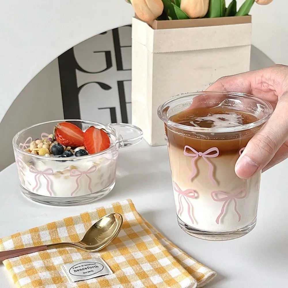 

Cute Pink Bow Glass Cup Eespresso Iced Coffee Cup Mug for Summer DIY Drinks Drinkware Glass Bowl Cute Glass Tumbler Gift