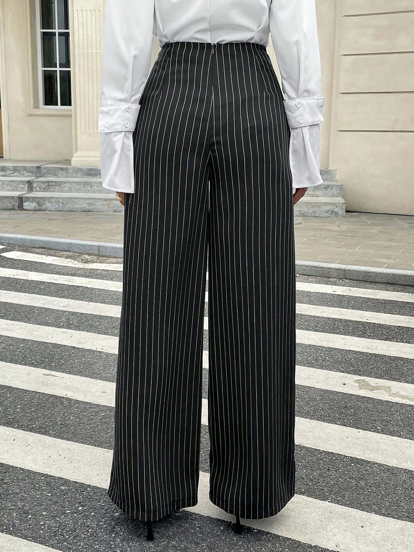 Retro Style Black and White Striped High-Waisted Wide-Leg Pants for Women, Designer Metal Buckle Drapey Suit Pants, Office Casual Slimming Floor-Length Pants