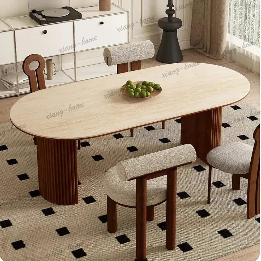 YJ Vintage Semi Oval Sintered Stone Dining Table, High Temperature Resistant Solid Wood Base, 6 Seater For Home & Restaurant