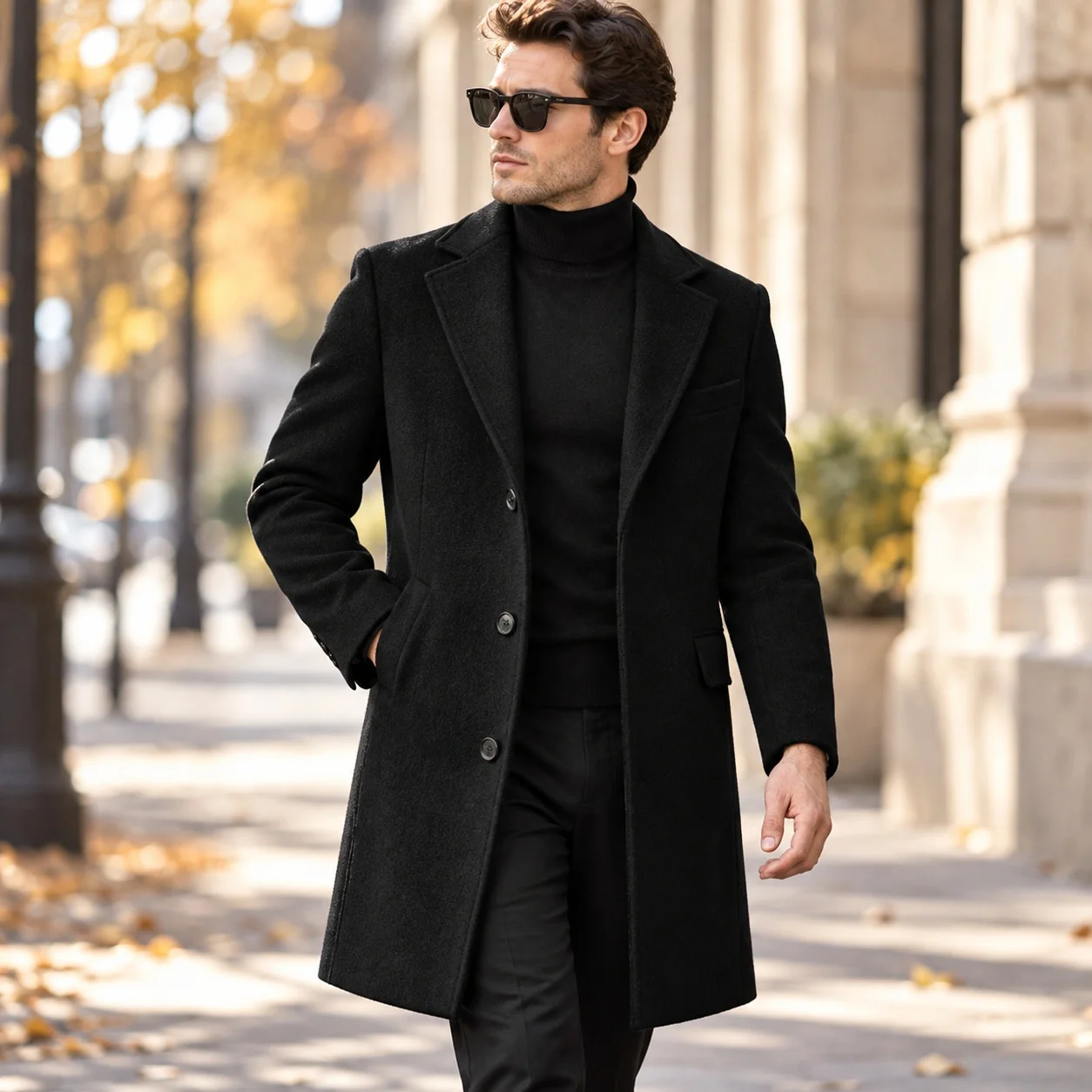 Button Front Single Breasted Belt with No Belt Regular Thickness Pocket Side Seam Pockets Round Neck Autumn Coat for Men