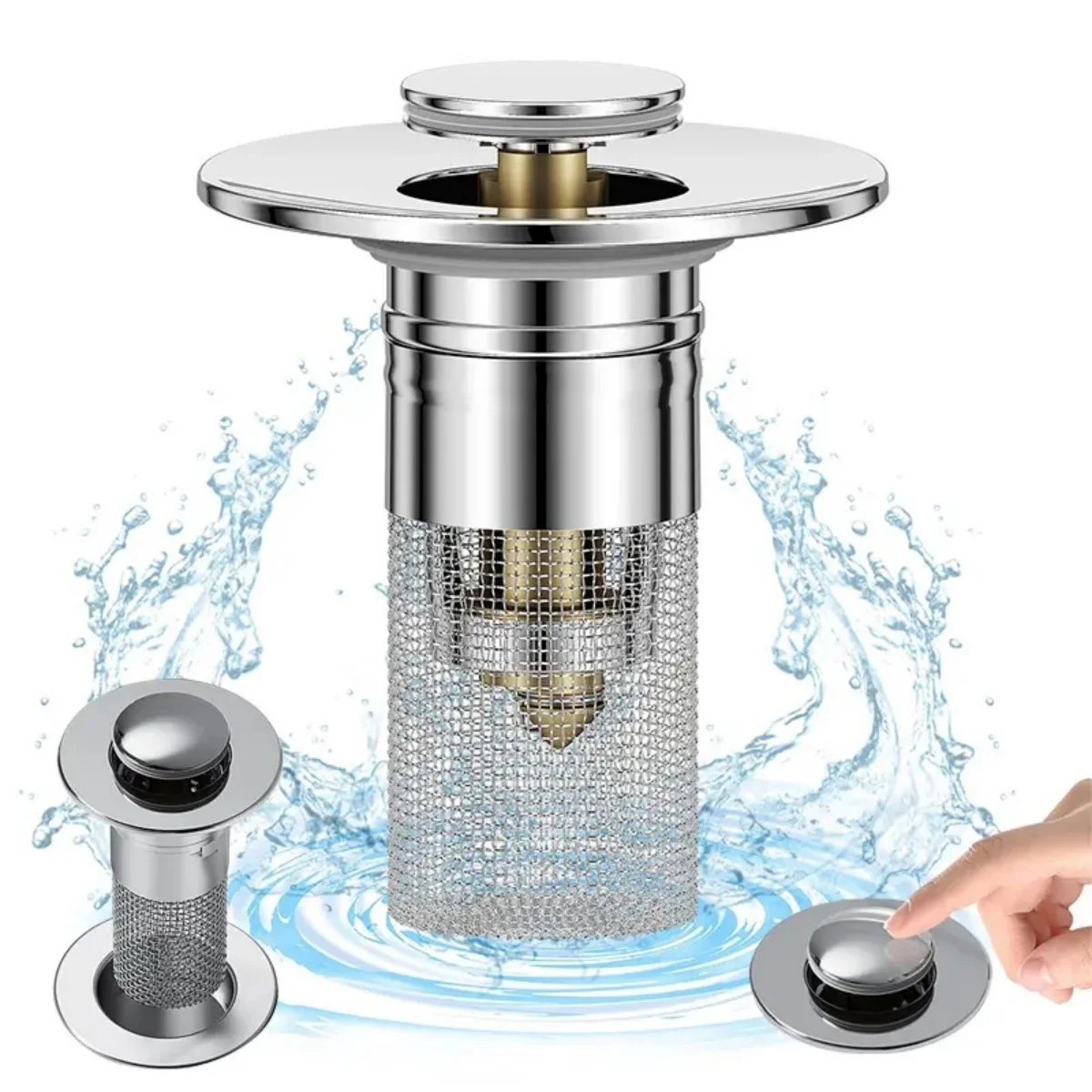 Pop-Up Bathroom Sink Stopper with Hair Catcher, Universal Stainless Steel Drain Filter, Anti-Clogging Basin Plug