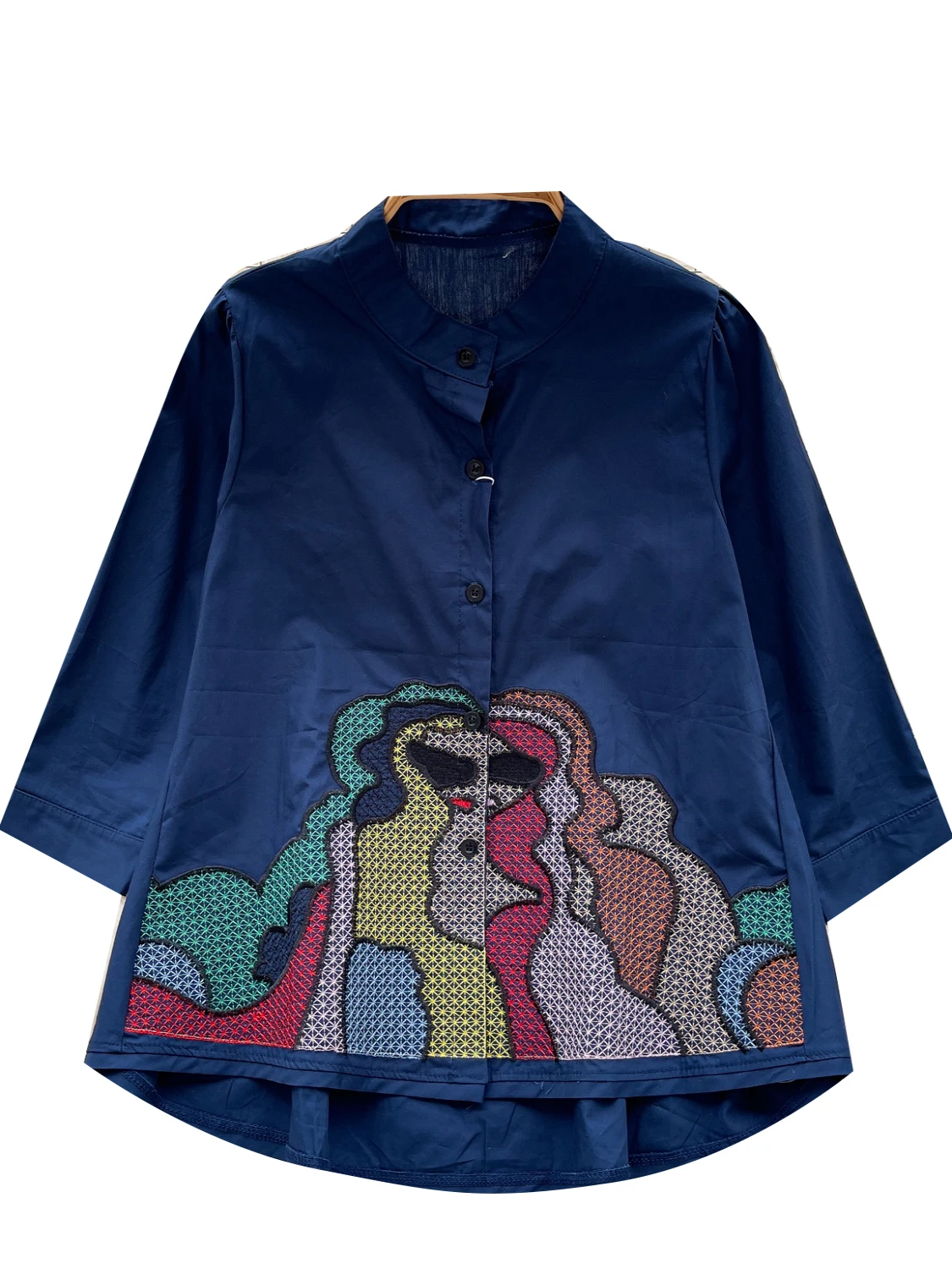 Csa Fena de Verão com Gola Alta e Bordado Pesado, Estilo Retrô Coreano, Manga Longa, Solta e Casual, Estilo Boneca, pa...