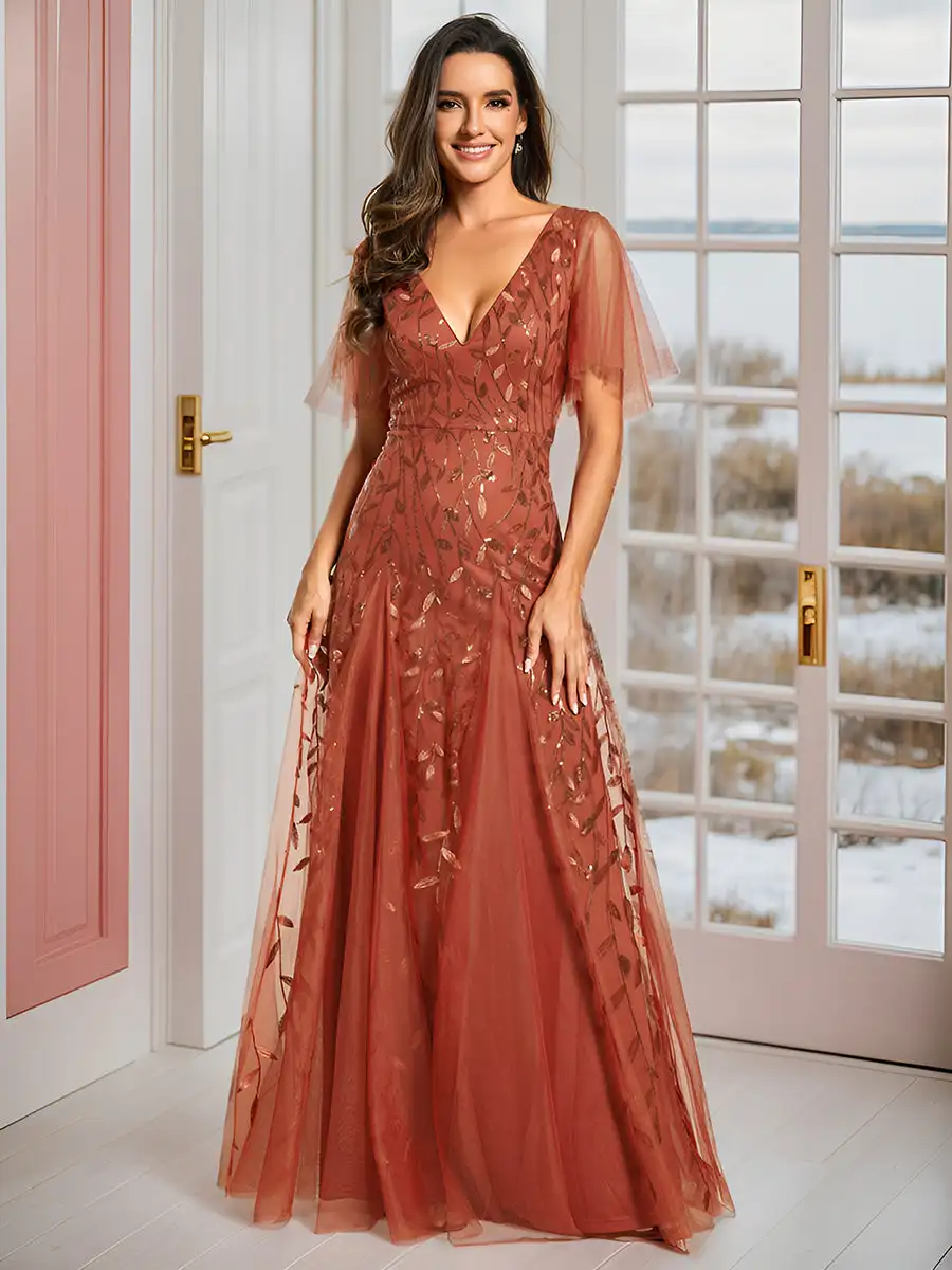 

Elegant Evening Dresses Deep V Neck Short Sleeves Floor length 2025 Ever Pretty of Sequin Burnt Orange Bridesmaid dress