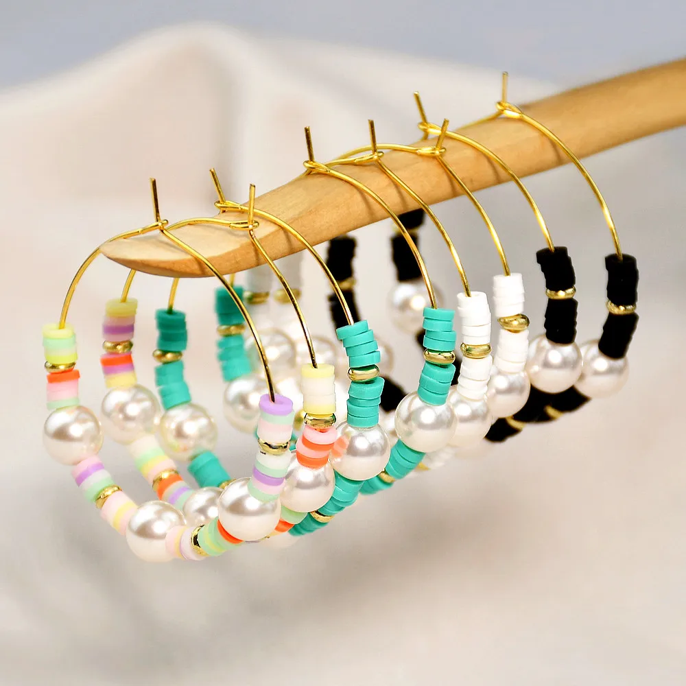 Bohemian Colored Clay Polymer Beads Glass Pearl Earrings Women Fashion 40mm Golden Ear Hoops Elegant Jewelry