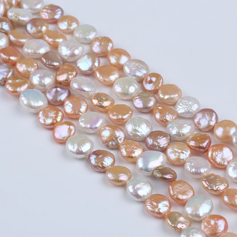 Natural Color 11-12mm White Pink Purple Coin Shape Freshwater Pearl Strands For Sale