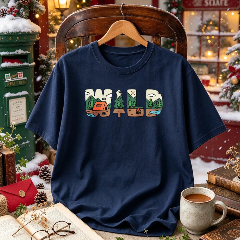 Wild Letter Cartoon Camping Tent Mountain Pine Tree Graphic Tee Outdoor Adventure Nature Print Short Sleeve Hiking Casual Tops