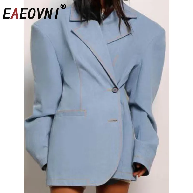 

EAEOVNI Blue Denim Jacket Women Streetwear Notched Collar Button Gathered Waist Long Sleeve Coat Fashion Autumn Winter New