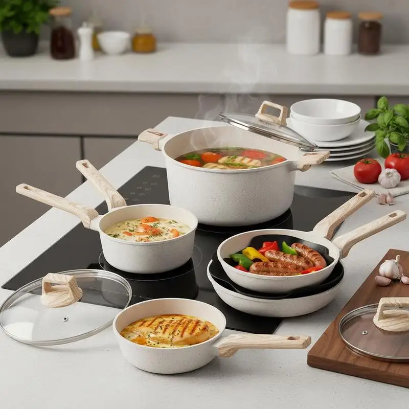 Juego de ollas y sartenes de inducción (19 piezas) con tapas de vidrio, utensilios de cocina antiadherentes, ollas compatibles con la inducción para cocinas de autocaravanas para freír, salsas y condimentos, y cocinar (blanco), Entrega en almacén local
