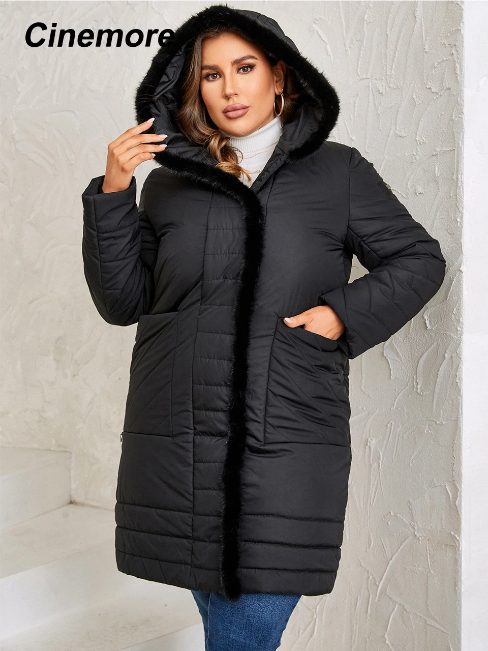 Cinemore-chaqueta con cuello de piel para mujer, Abrigo con capucha y borde de piel, Parkas cálidas acolchadas a prueba de viento de talla grande,