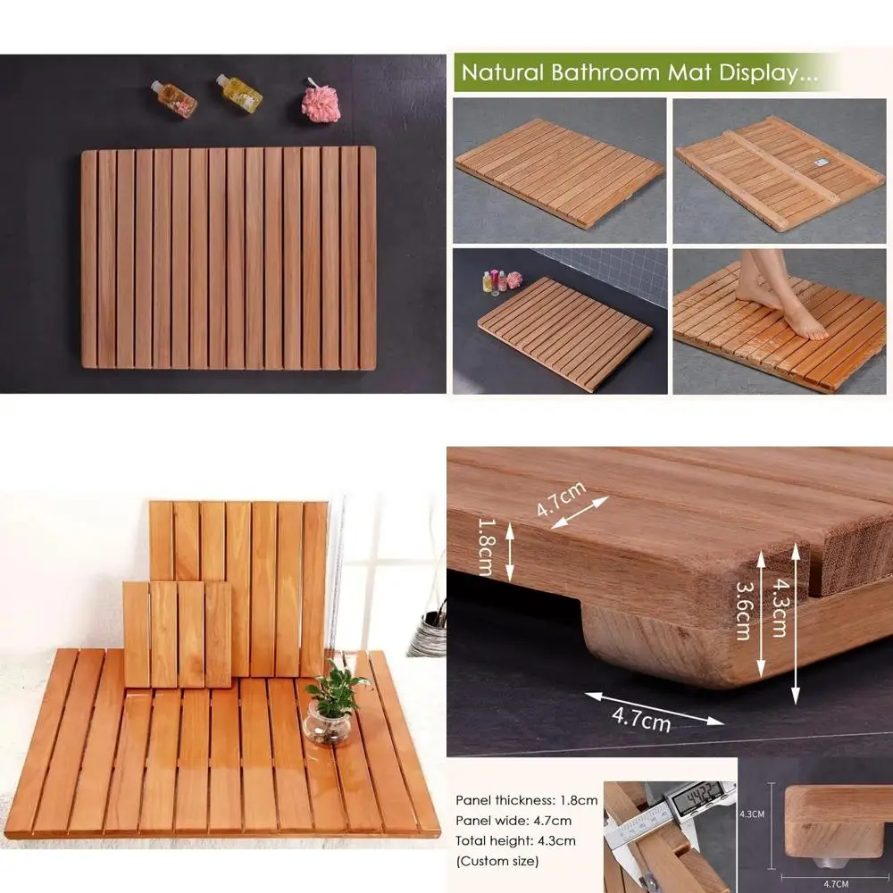 

large teak wood shower floor mat with anti-slip base and drainage hole