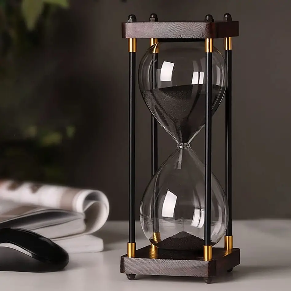 60 Minutes Retro Wooden Frame Glass Hourglass Timer Metal Edge Sand Clock Home Desktop Decoration Ornaments Children's Toy Gifts