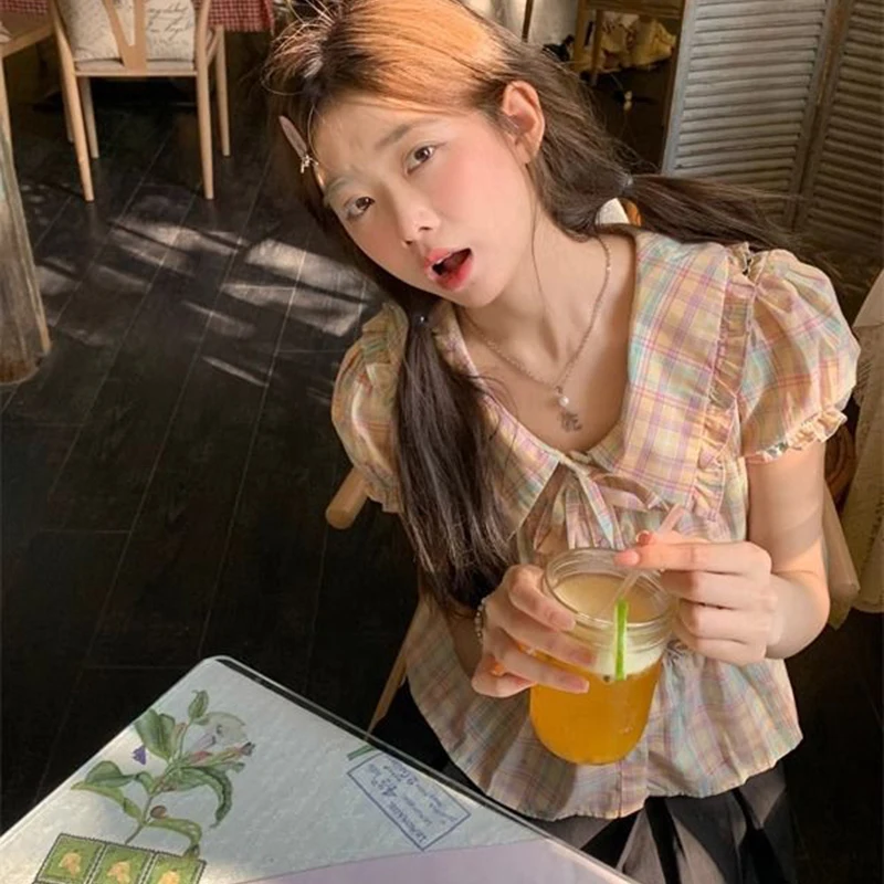 Plaid Shirts and Blouses Korea Turn Down Collar Fashion Woman Blouse 2025 Puff Short Sleeve Ruffles Ladies Top Female Clothes