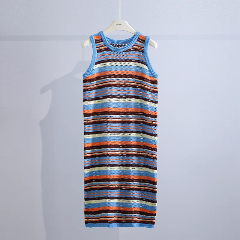 Rainbow Stripe Knitted Dress Women's Summer 2023 Split Dress Beach Colorful Sleeveless Round Neck Fashion Casual Long Dress