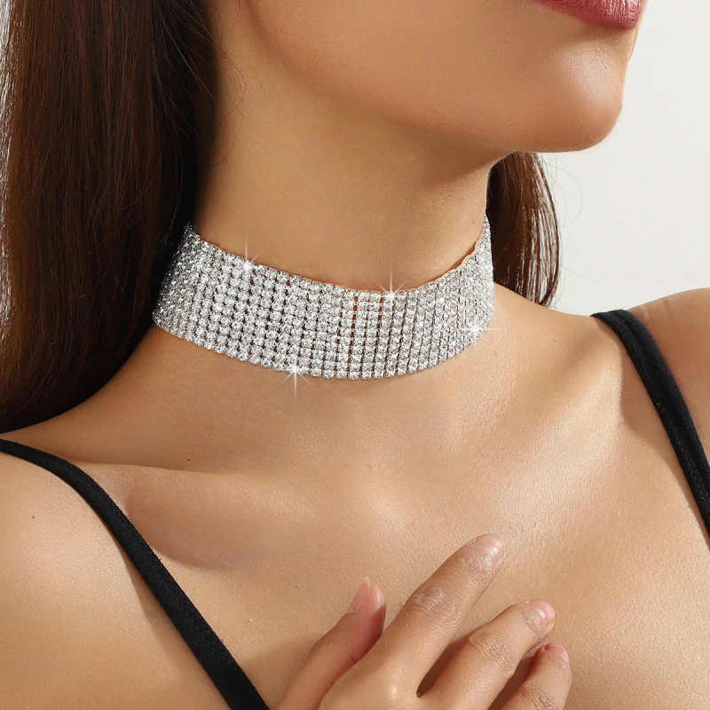 

European and American Sexy Super Flash Rhinestone Clavicle Chain Choker Neck Accessories Full Diamond Multi-Row Eight Rows Neckl