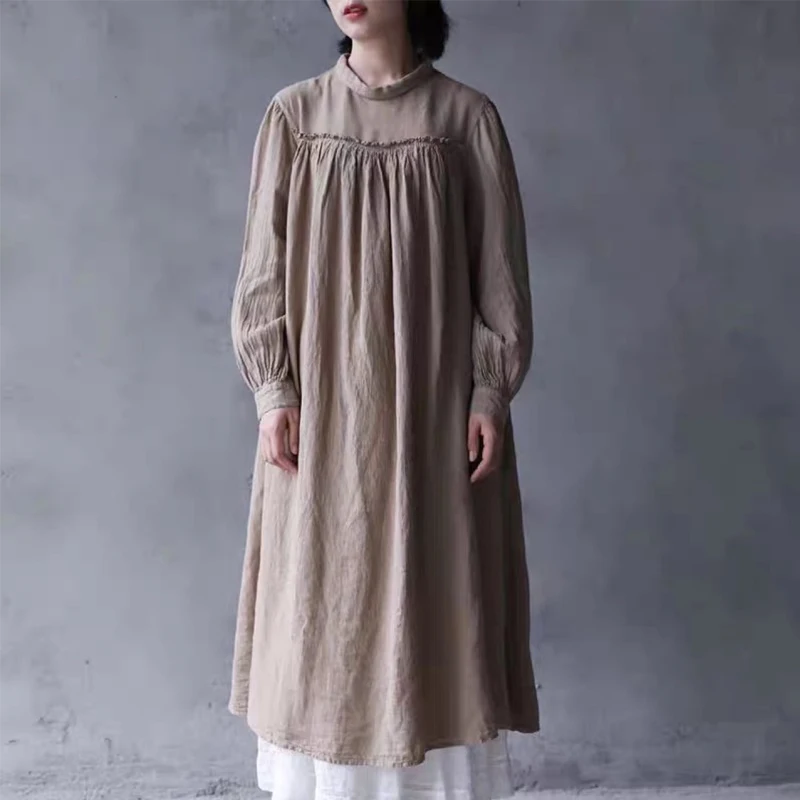 

Johnature Japanese Doll Lapel Fungus Long-sleeved Dress Women Spring Autumn New Linen Solid Color Vintage Render Female Dresses