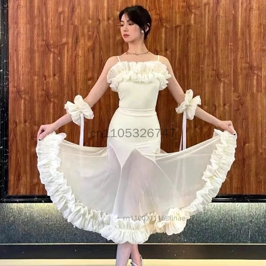 

Платье для современных танцев, платье для танцевальных соревнований, женское кружевное платье с рюшами и открытыми плечами, юбка, танцевальное платье, платье для выступлений