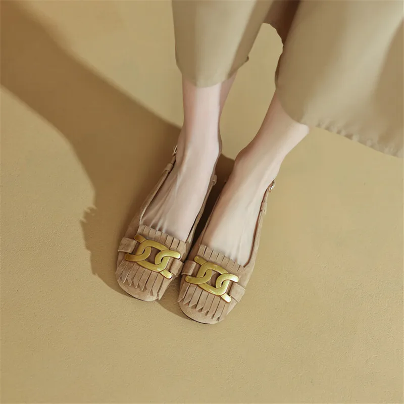 Summer Sandals Shoes Low Heel Women Sandals Fashion Metal Buckle Sheep Suede Sandals Tassel Women Pumps Ladies Shoes Green - view 4